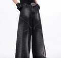 Black and grey structured zipper wide leg pants with washed denim fabric Korean style