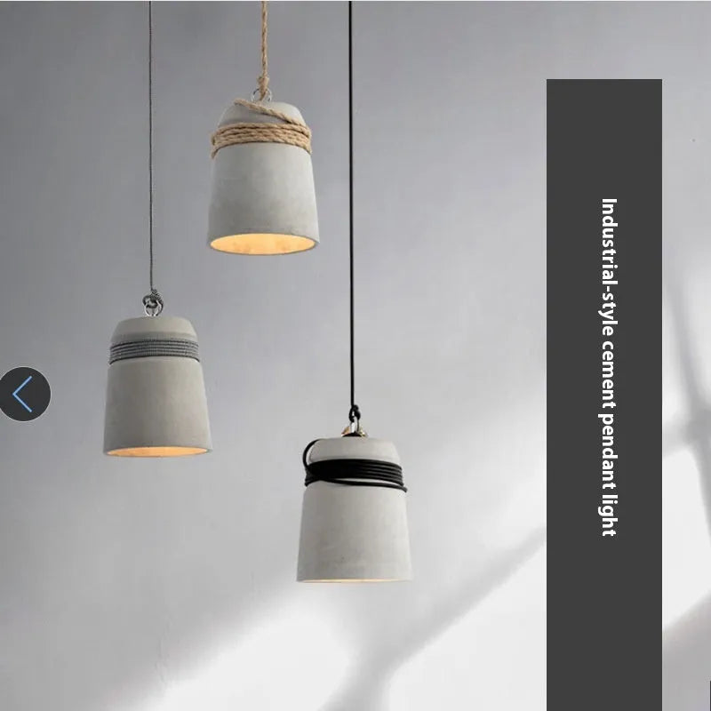 Retro industrial cement pendant lamp with antique shade and choice of black line, floral thread or hemp rope suspension.