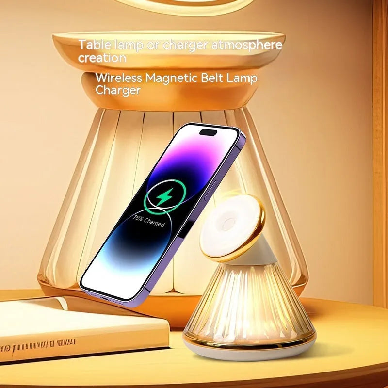 Night table lamp with magnetic wireless charging seat in champagne gold metallic finish