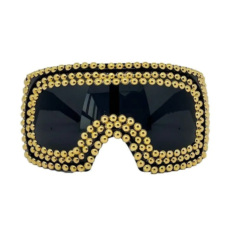 Men's square sunglasses with large rim and punk rivet detailing in silver or gold colours
