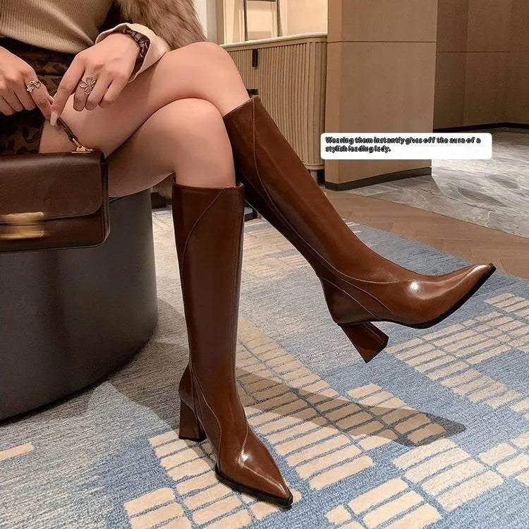 Women's black retro Maillard tube high heel riding boots with waterproof platform