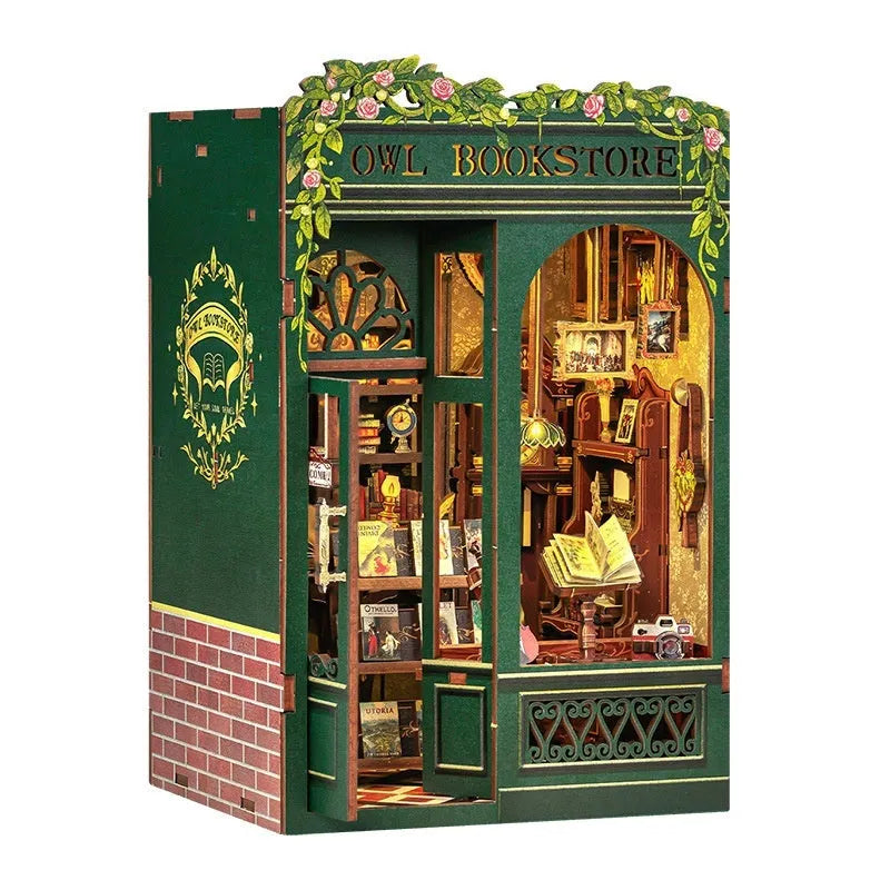 Owl Bookstore DIY wooden 3D stereo hand-assembled building model with flashing light in colour box packaging