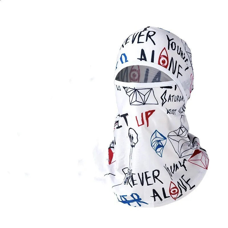 Unisex cotton motorcycle head cover in average size 55-60cm with dome cap design, shown with included gloves.