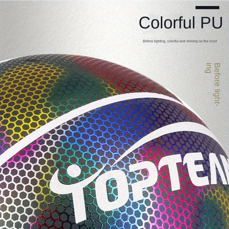 Holographic fluorescent reflective basketball glowing in low light