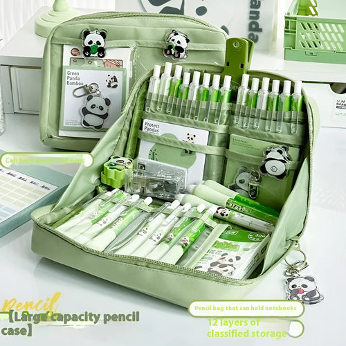 Green canvas pencil case with 12-layer panda design and multiple compartments for stationery organisation