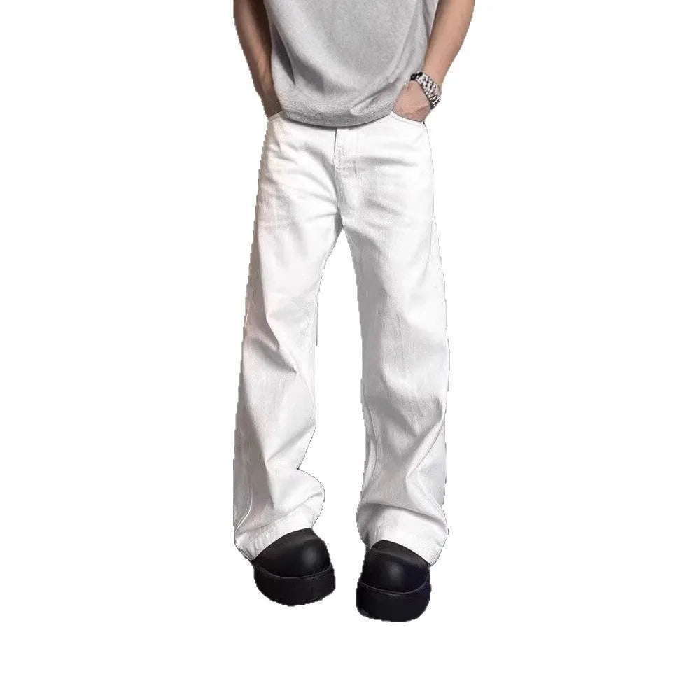 Men's white straight leg jeans with mid-rise waist and zipper fly closure