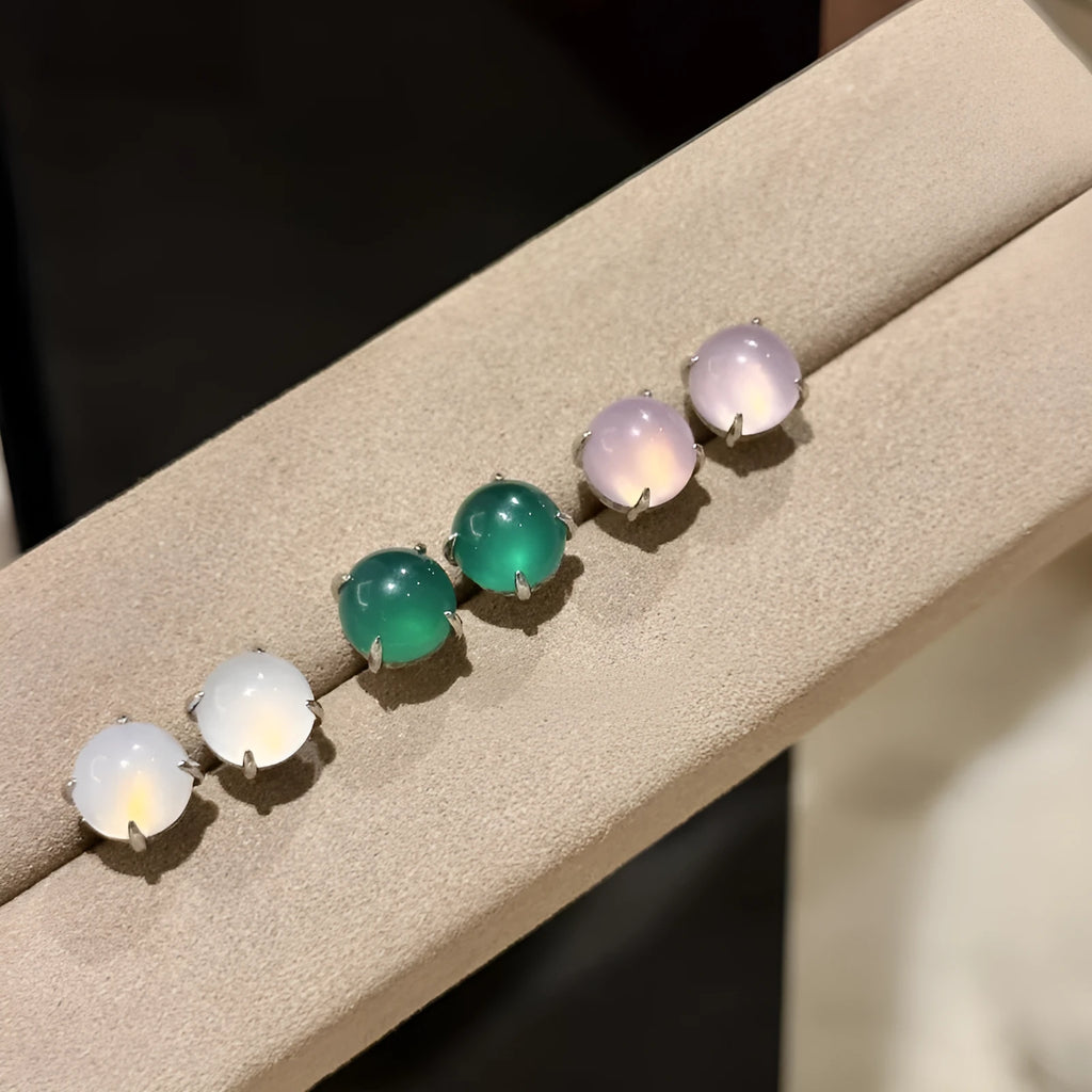 Chinese style round chalcedony stud earrings with four-claw settings in three colour options