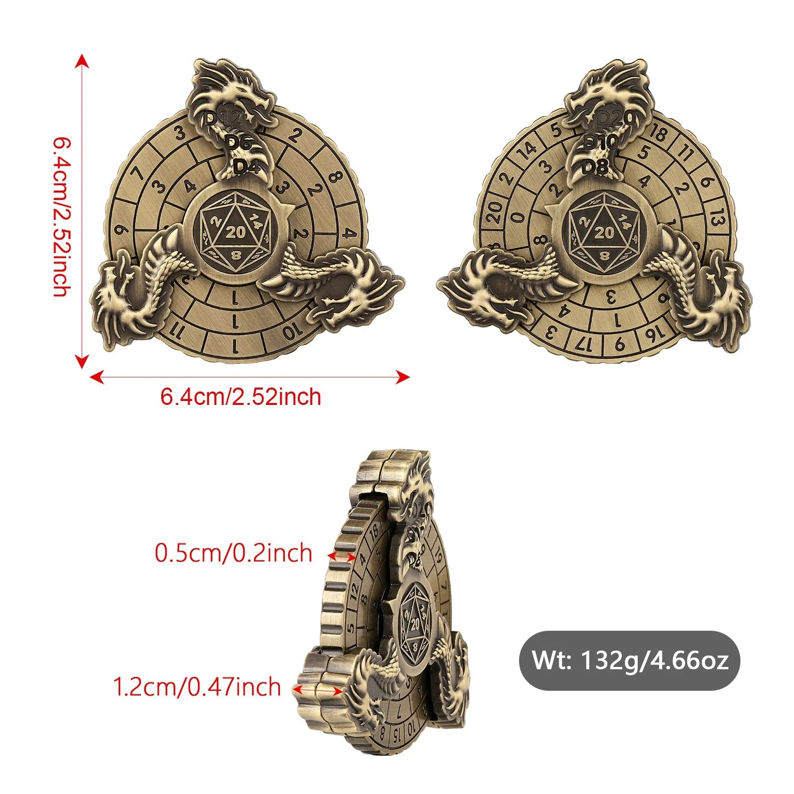 Retro fantasy turntable dice gift box set in bronze finish with circular scale design and multi-faceted RPG dice