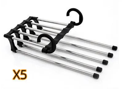 Black stainless steel five-boom trouser hanger showing level and vertical hanging options.