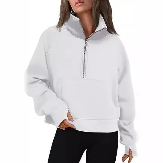Loose lapel fleece-lined women's sweater in a solid colour, shown with raglan sleeves.