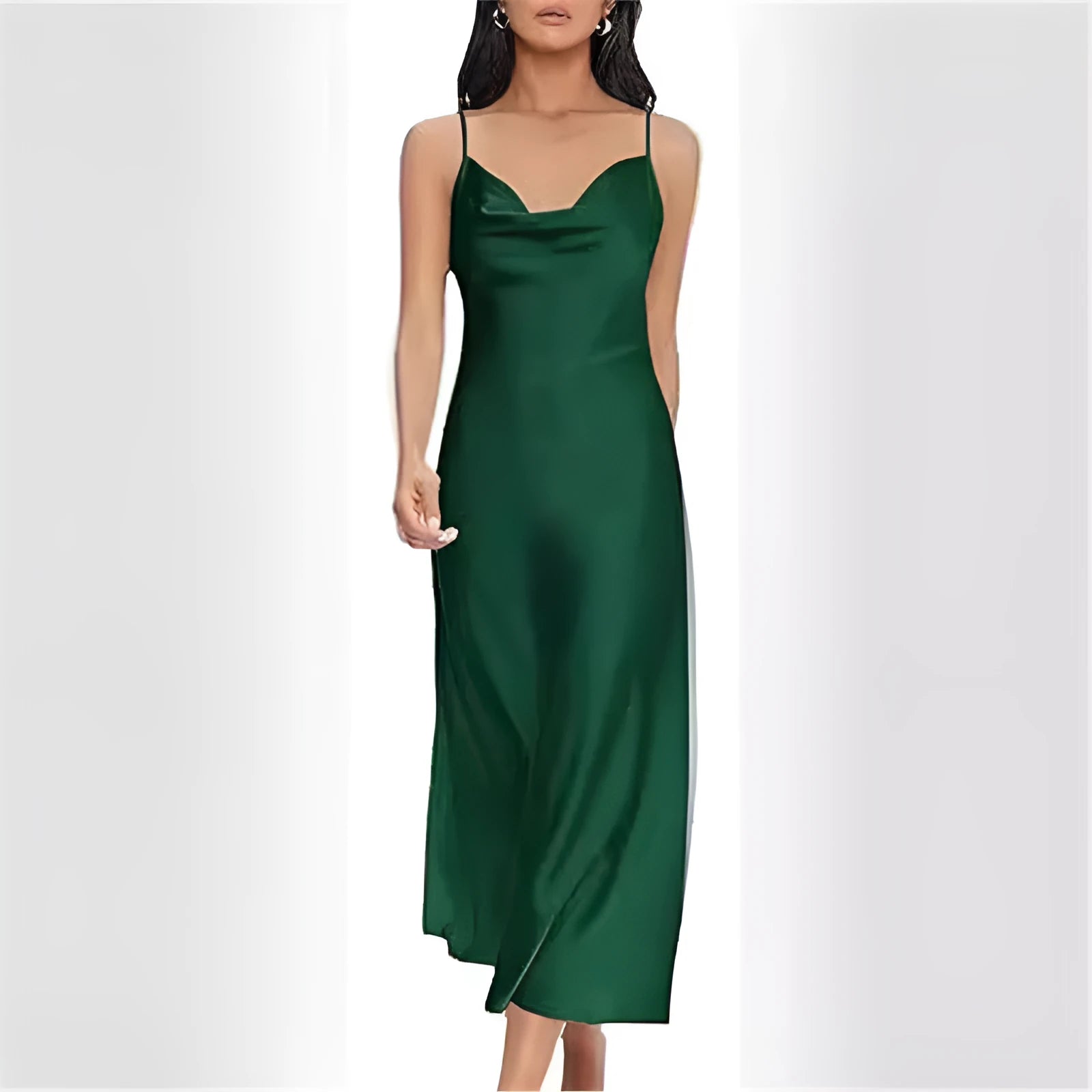 Strap satin open back dress in polyester, sleeveless, wide waist, available in red.