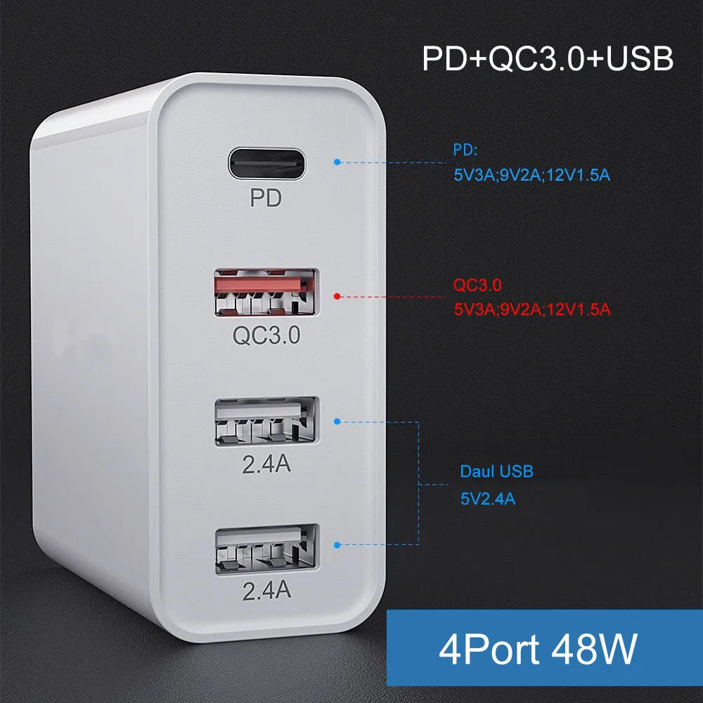 Fast charge mobile phone charger with multiple USB ports in black or white with international plug options