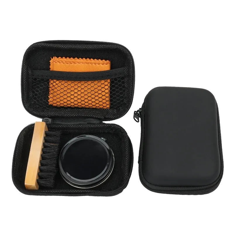 Leather shoe care cleaning set with shoe brush, maintenance oil bottle, and cloth in black bag