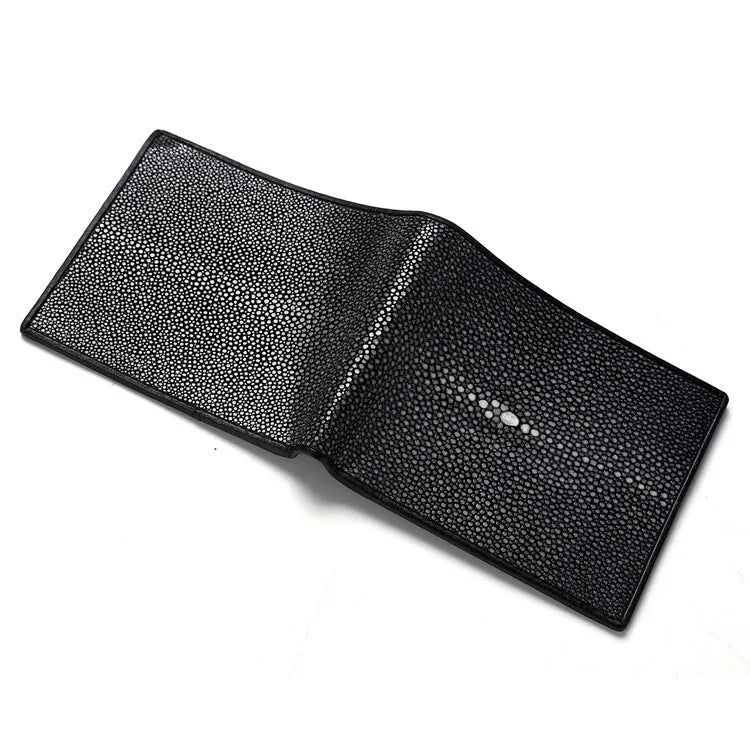 Short pearl fishskin grinding beads wallet with cowhide leather in horizontal square design