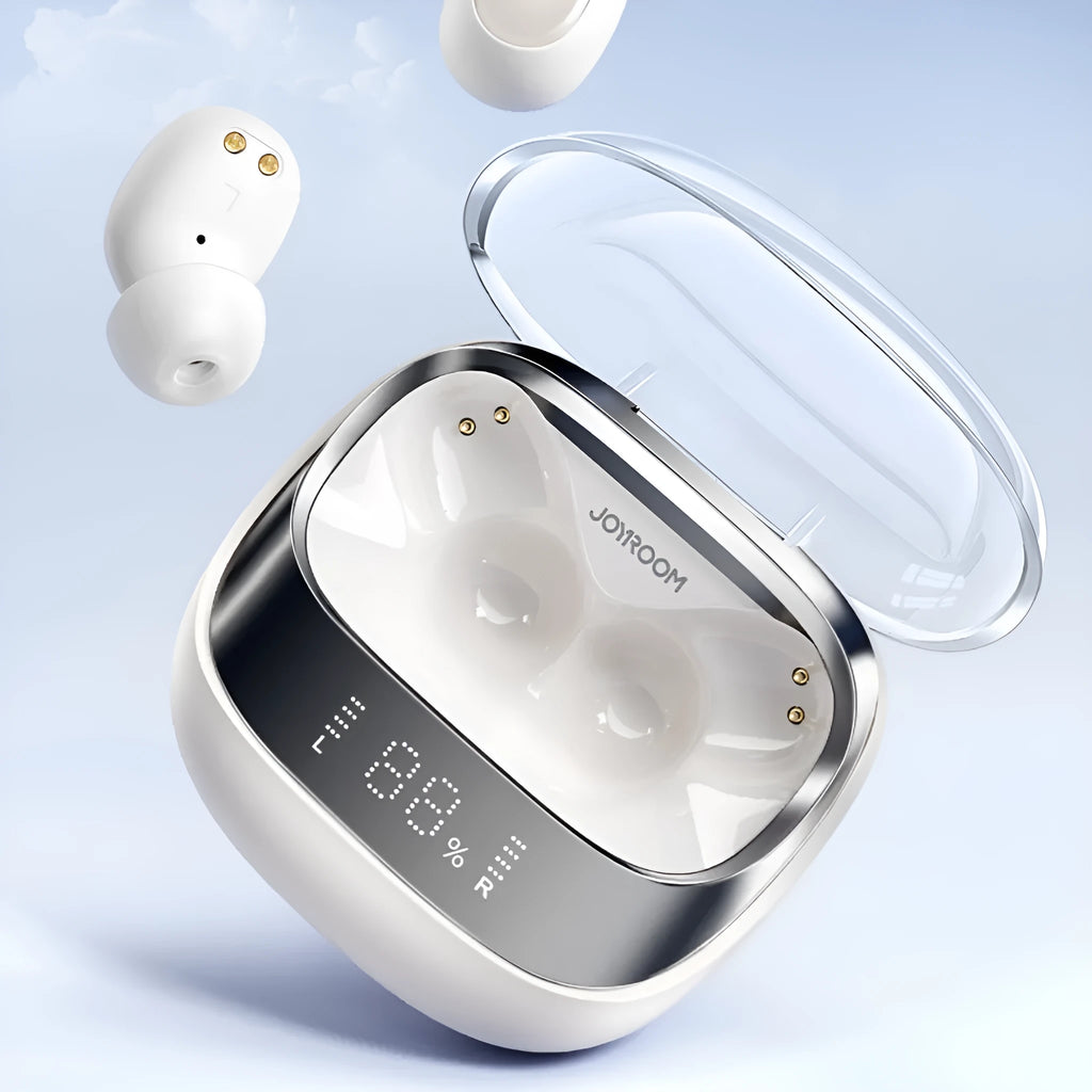 Wireless in-ear Bluetooth headset with charging case in beige, black, or purple colours