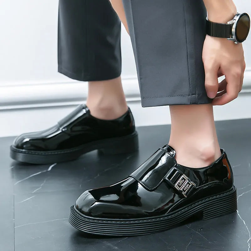 Men's black glossy platform loafers with hidden low heel for summer wear