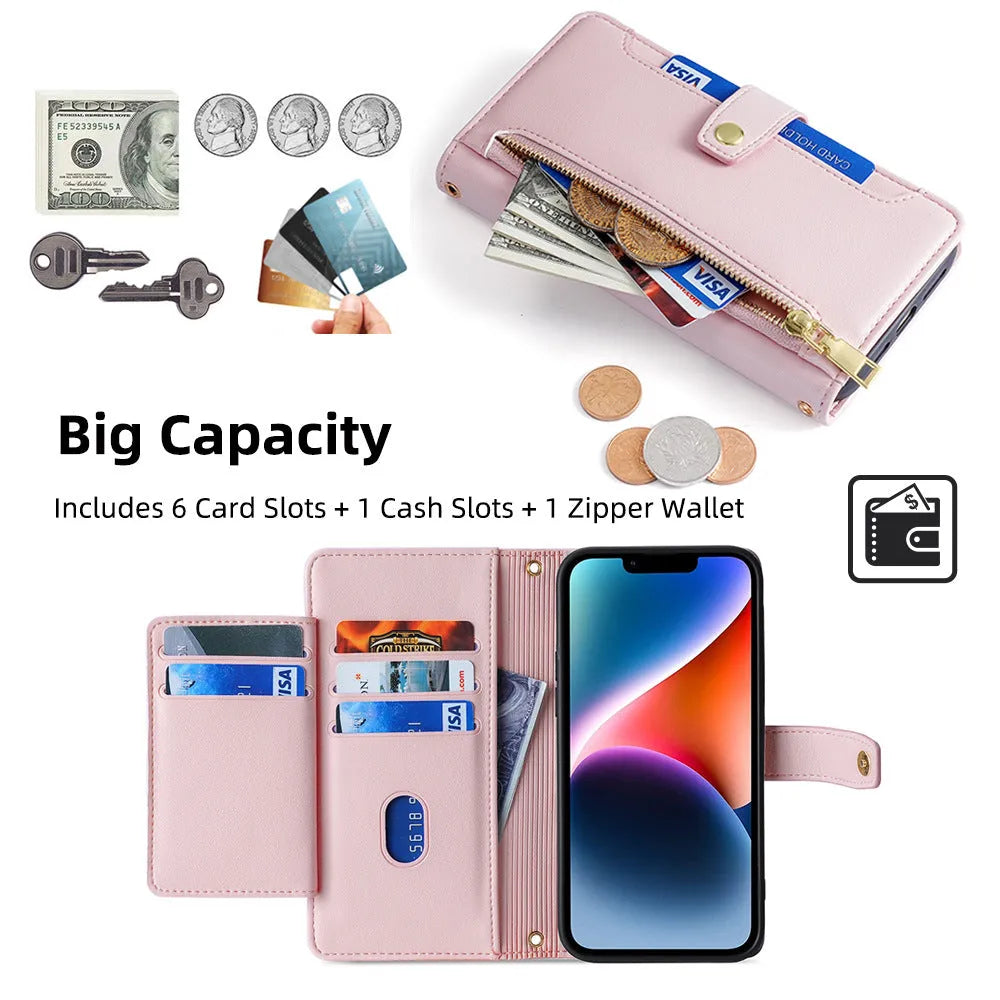 Flip cross-body lanyard phone case with card slot bracket magnetic suction for iPhone Samsung Huawei in black colour