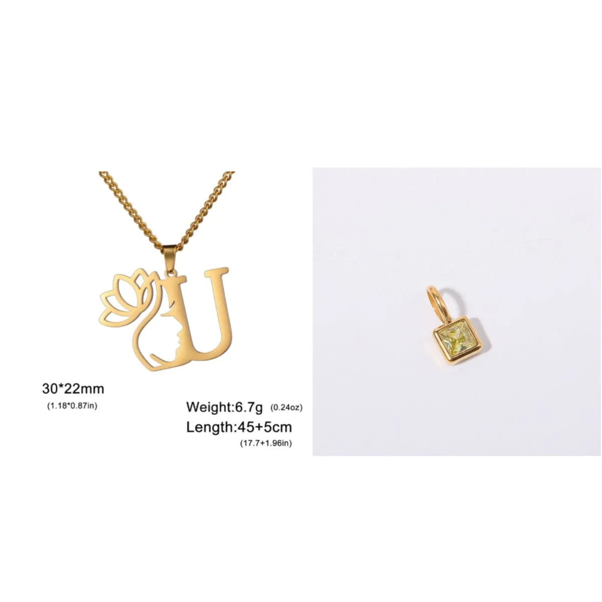 Stainless steel necklace with cross chain and a single initial pendant in a gold or silver finish.