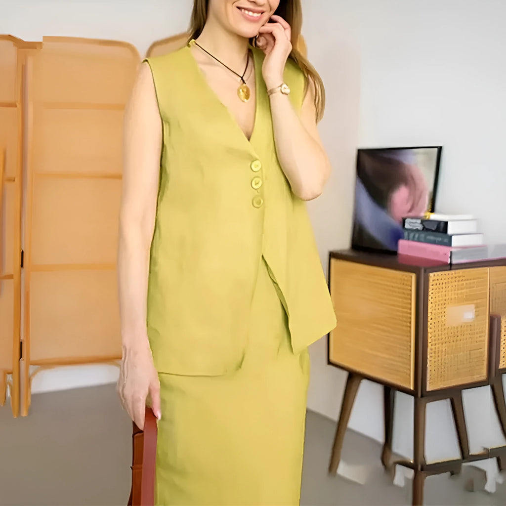 Women's white casual two-piece suit comprising a sleeveless vest and a long skirt on a hanger.