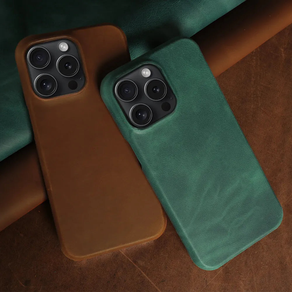 Genuine leather Crazy Horse pattern phone case for iPhone with anti-fall protection in dark brown