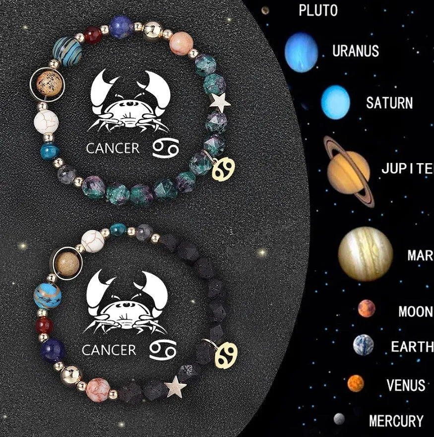 Natural stone beaded bracelet set showing zodiac sign designs on adjustable elastic cord