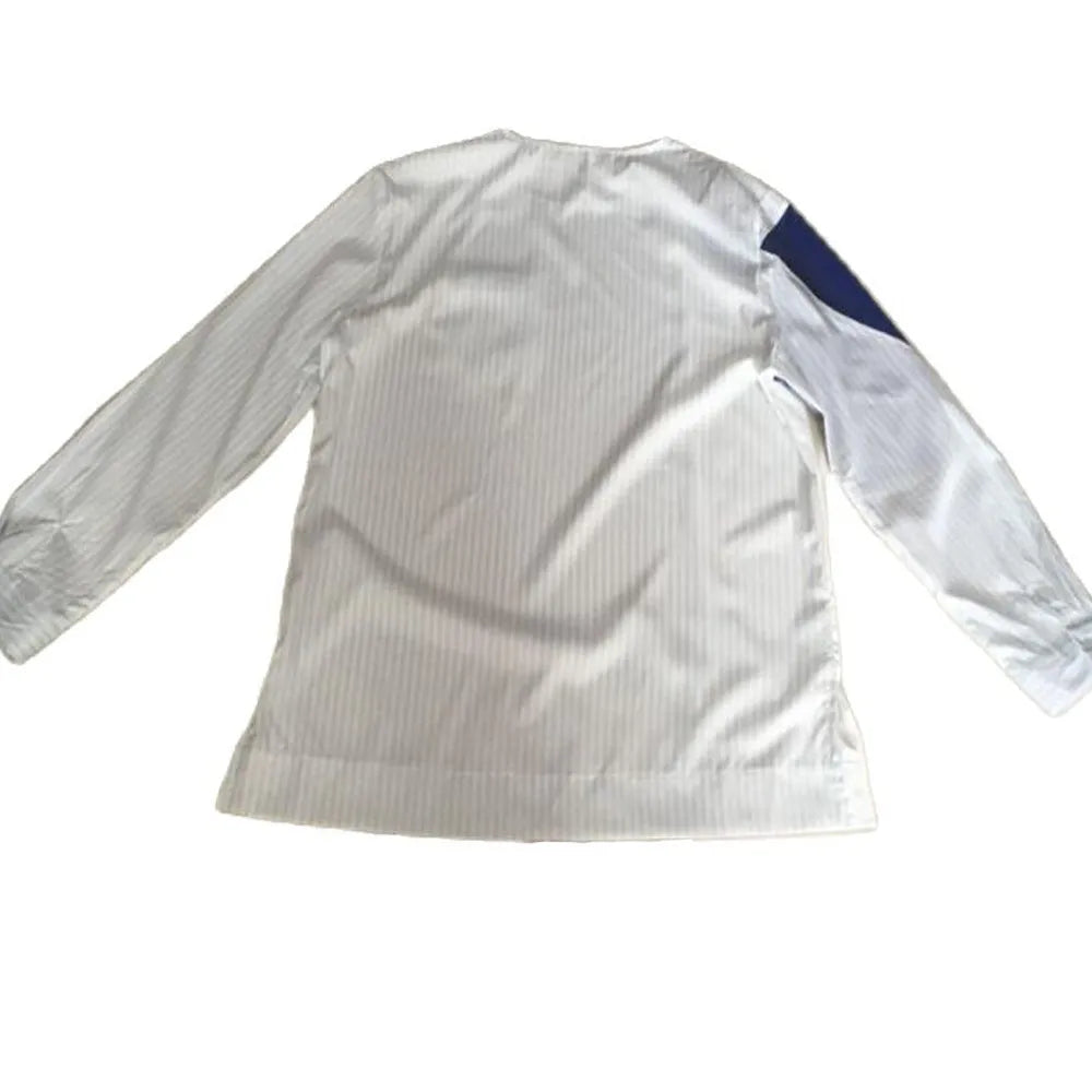 Men's slim fit white cotton long sleeved shirt with printed pattern, front view.