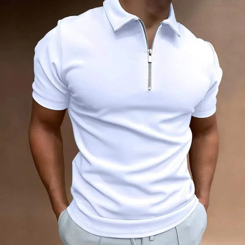 Men's short sleeve polo shirt with digital print in a choice of colours including navy blue, khaki, and light grey.