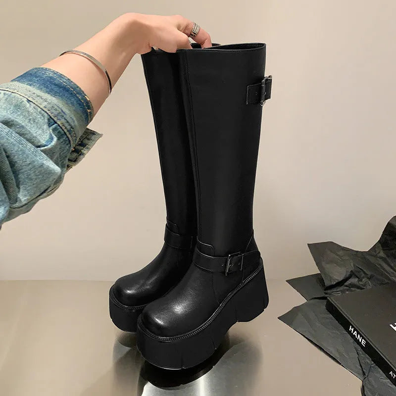 Black artificial PU women's tall knight boots with chunky heel and front lace-up stitching details round toe