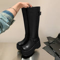Black artificial PU women's tall knight boots with chunky heel and front lace-up stitching details round toe