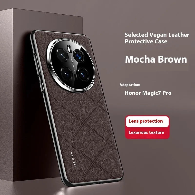 Electroplated plain leather phone case in black for Honor Glory 300 showing all-inclusive drop-resistant design