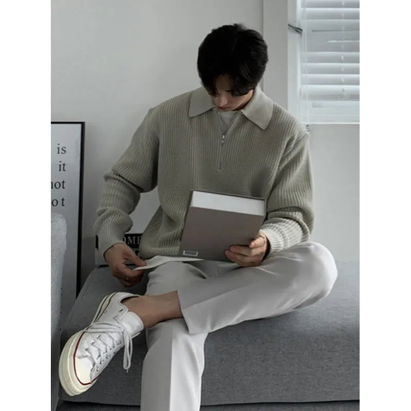 Long-sleeved solid colour sweater coat in polyester, available in khaki grey black