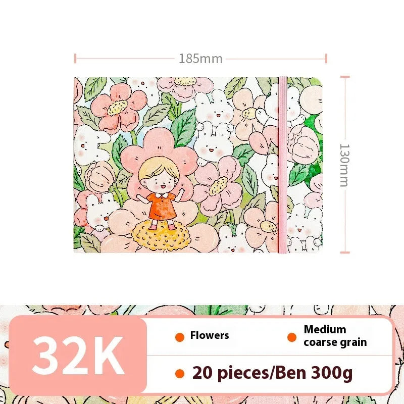 Feiluniao handmade fabric watercolour notebook with illustrated cover, open to show blank paper pages.
