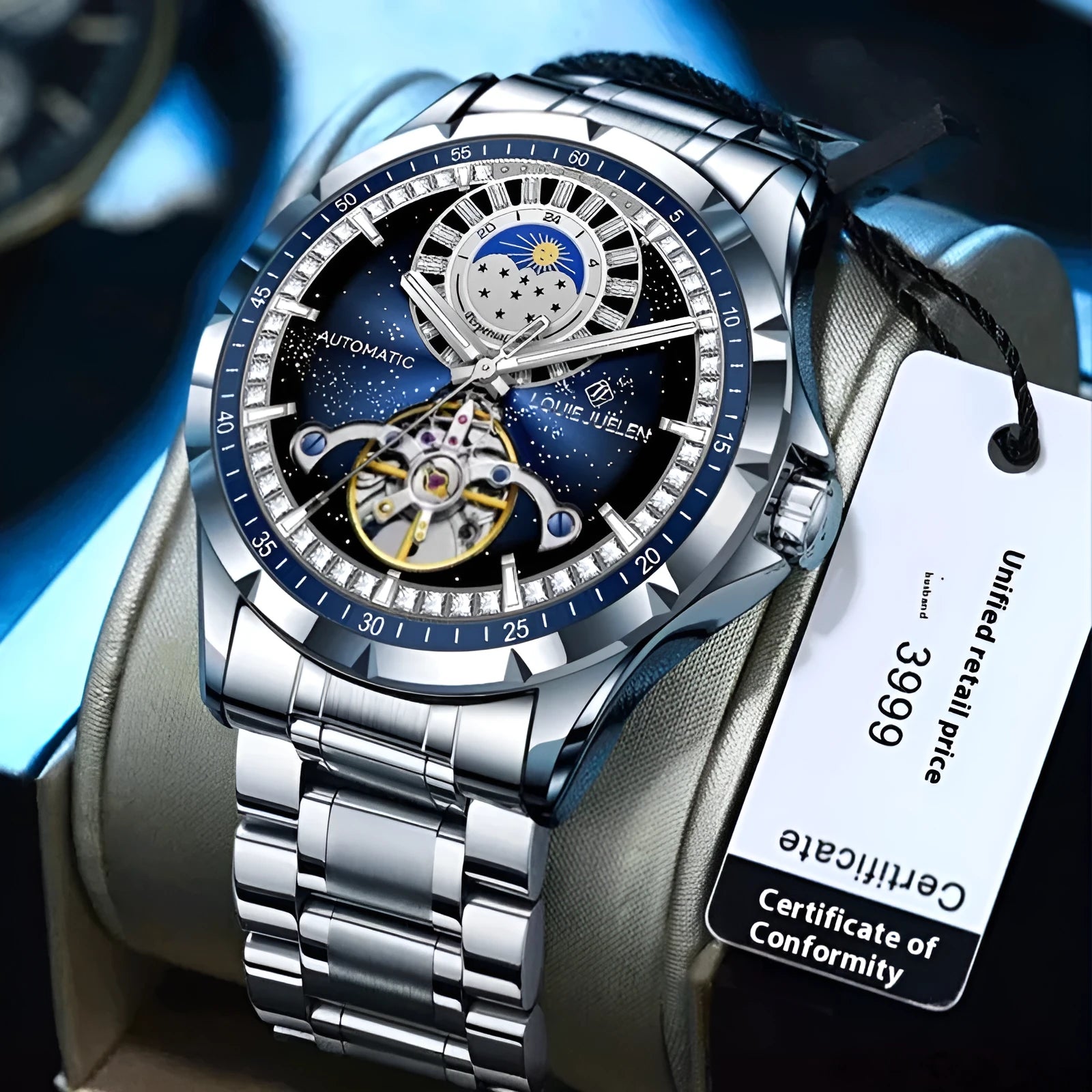 Men's silver alloy automatic mechanical watch with blue dial and stainless steel strap