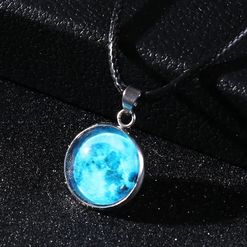 Moon night sky constellation glass pendant on a luminous alloy necklace chain with extension.