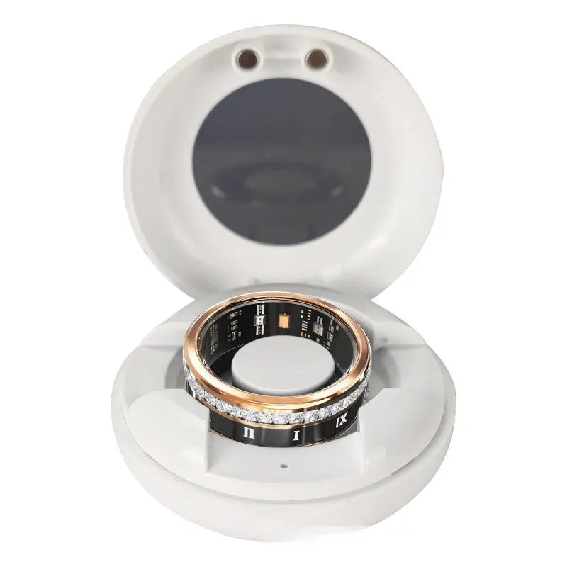 Diamond inlaid smart ring in silver and gold colours showing health monitoring capabilities