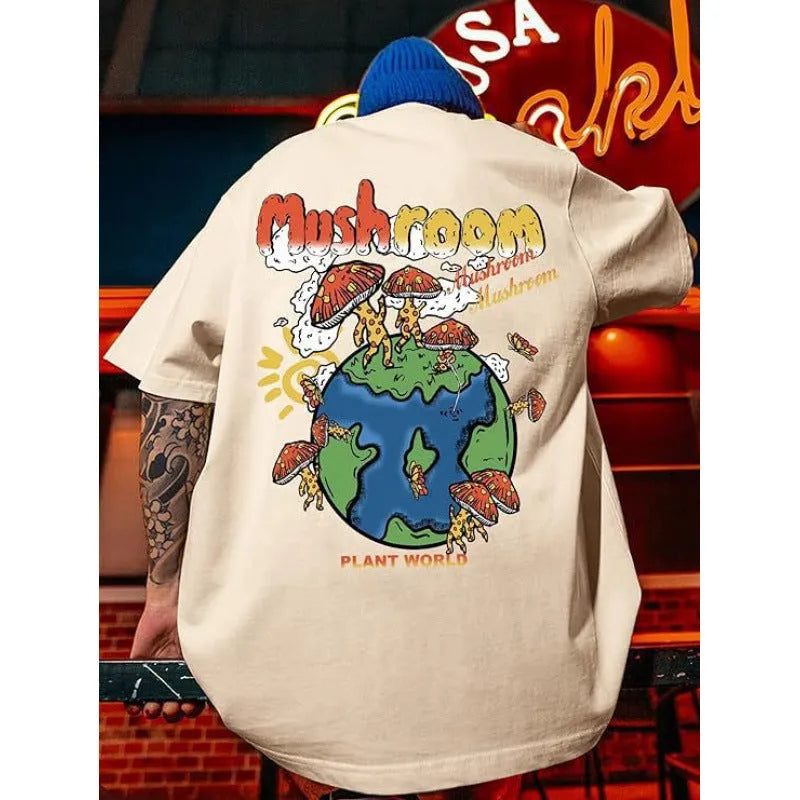 Men's printed short-sleeved sports T-shirt with digital pattern on polyester fabric, showing pullover design and casual streetwear styling