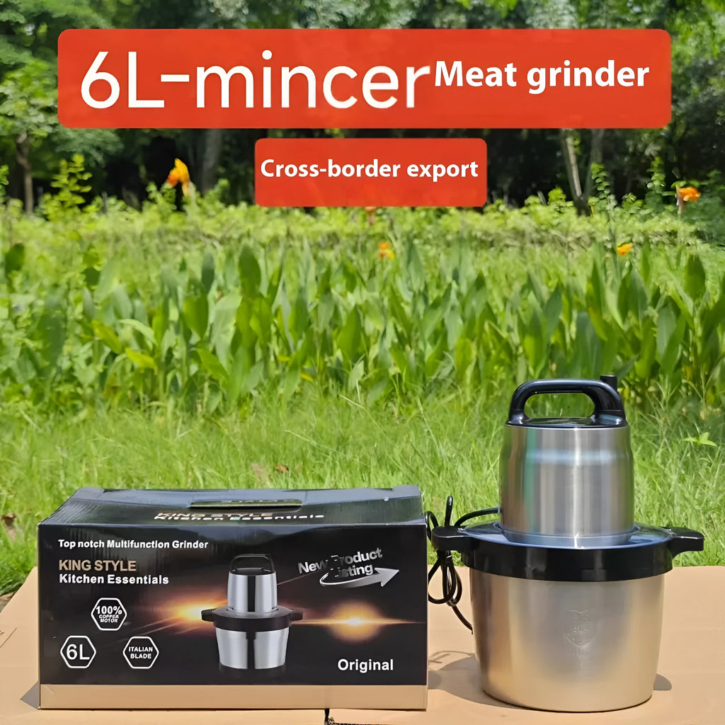 Stainless steel meat grinder food processor with 6L bowl and stainless steel body on kitchen counter