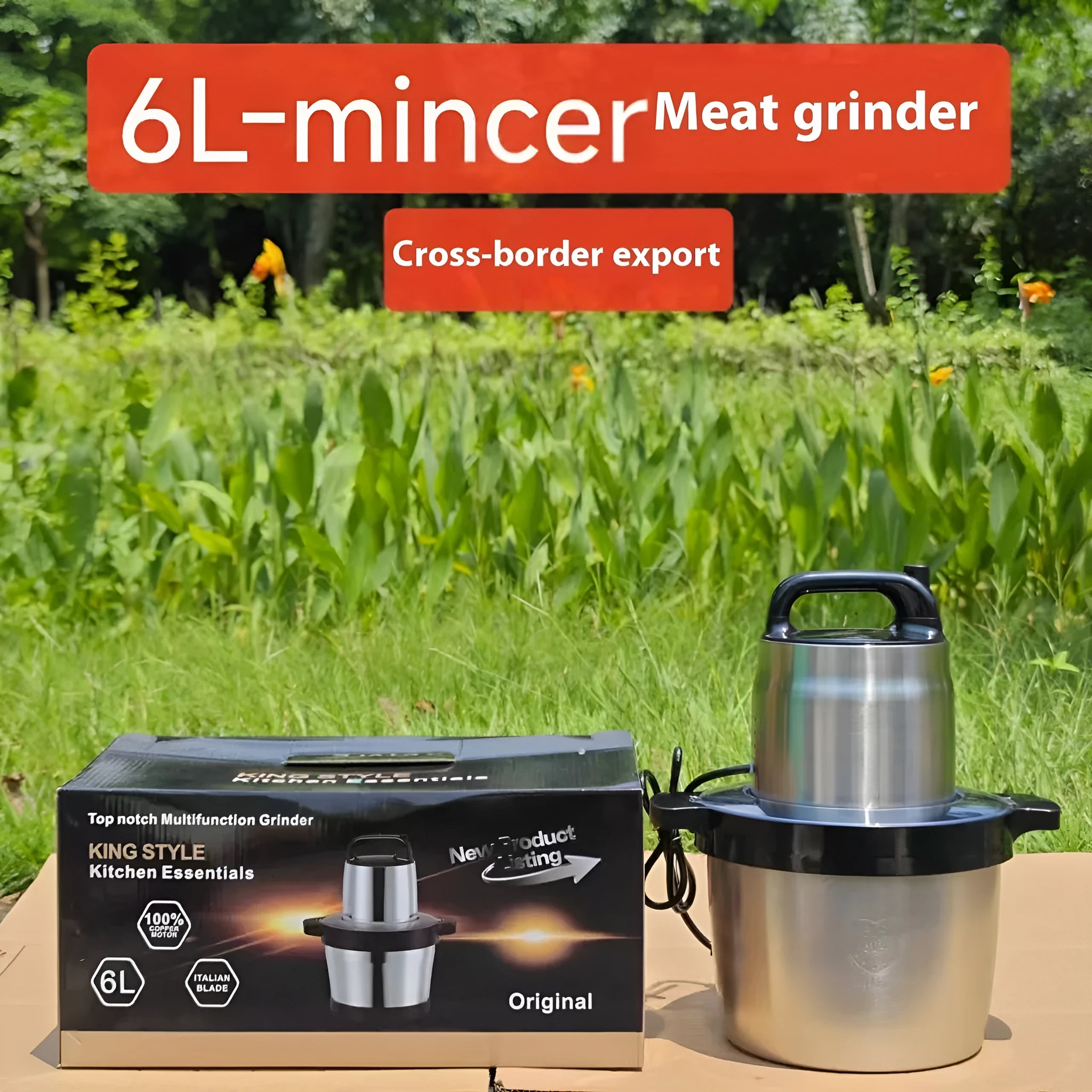 Stainless steel meat grinder food processor with 6L bowl and stainless steel body on kitchen counter