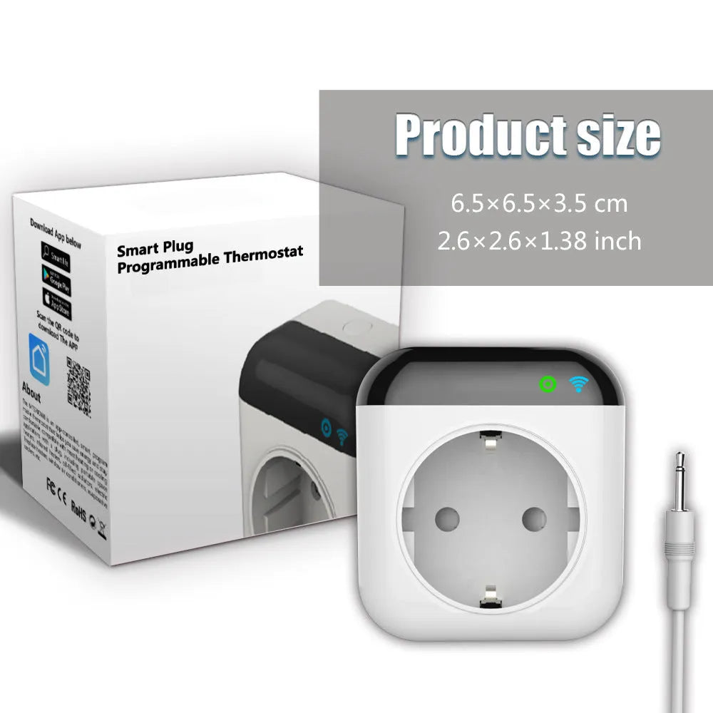 White Tuya WiFi smart temperature control socket with US plug and external temperature sensor probe.
