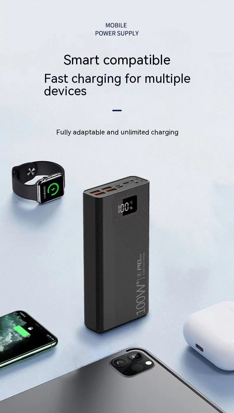 Large capacity power bank in black or white colour with plastic shell, showing front view with dimensions