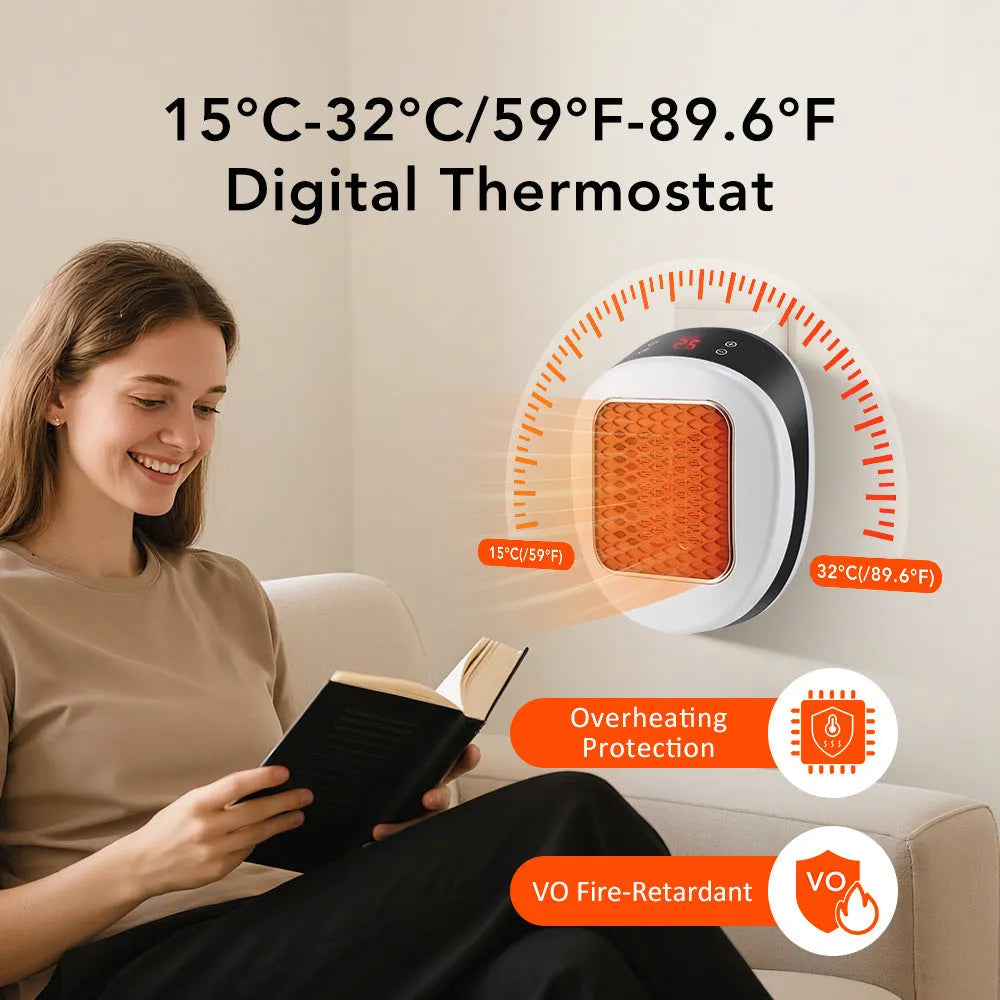 White portable ceramic electric heater with remote control on table