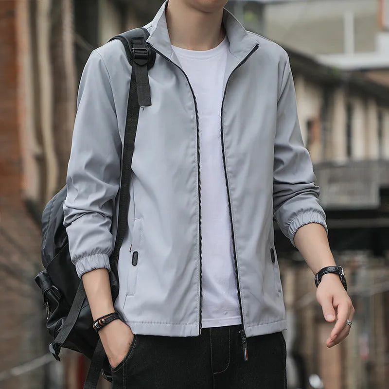 Korean style loose lapel casual jacket in black, lightweight polyester blend construction with zipper closure