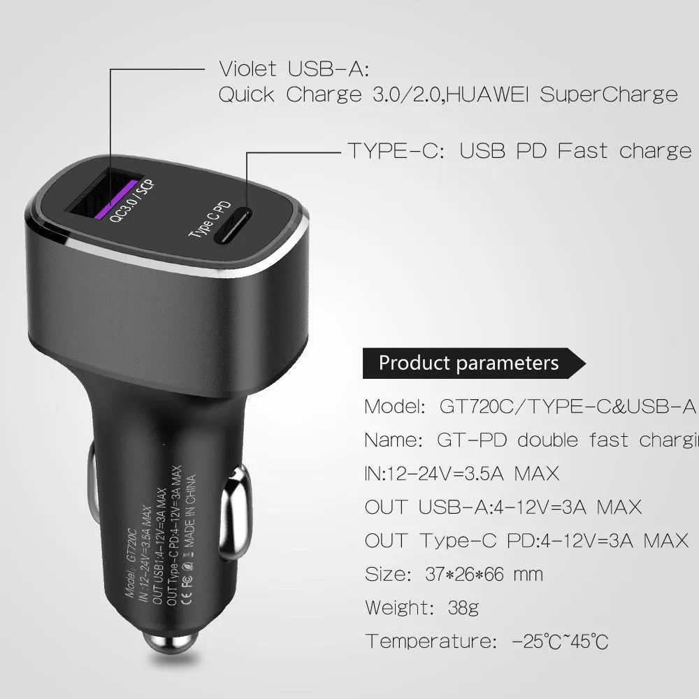 Dual-output car charger with USB and Type-C ports for fast charging devices in vehicles