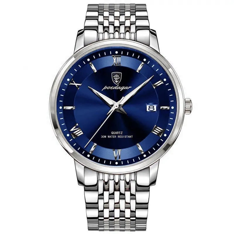 Men's quartz watch with waterproof luminous display and calendar, 41mm precision steel case, mineral reinforced mirror