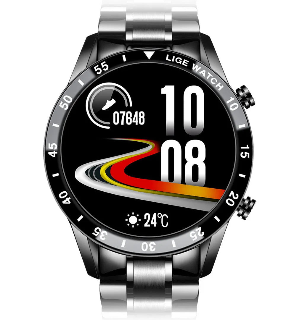 Smart watch with stainless steel wristband and 1.3-inch touch screen display showing step count