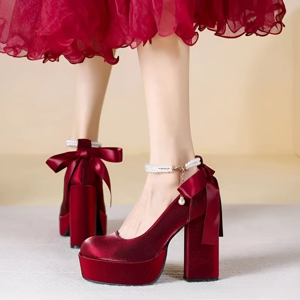 Women's wine red platform wedding shoes with chunky heel and decorative buckle detail
