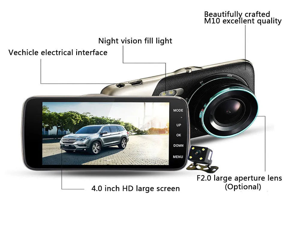 Black HD 1080P car driving recorder with 170° wide angle lens, mounted on windscreen