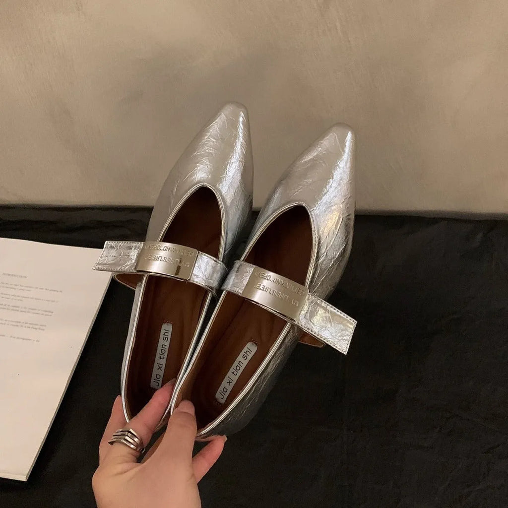Women's silver pointed toe Mary Jane shoes with a buckle fastening, shown in black and wine red.