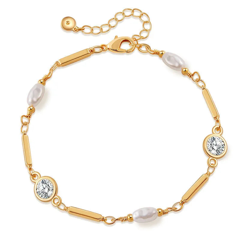 18K gold copper electroplated bracelet with inlaid zircon and ABS pearl for women