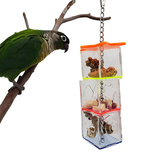 Clear acrylic bird foraging toy 32cm long parrot educational food container